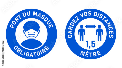 Set of Circular Sticker Signs against Coronavirus in French "Port Du Masque Obligatoire" (Face Masks Required) and "Gardez Vos Distances 1,5 Metre" (Keep Your Distance 1,5 Meters). Vector Image.