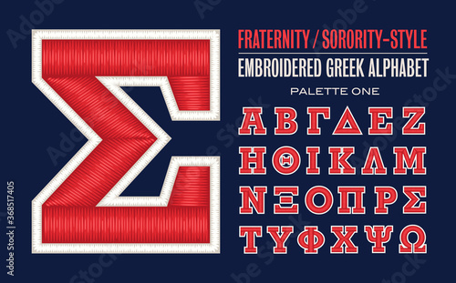 Greek Alphabet: A Fraternity or Sorority Style Alphabet with a Collegiate or Sportswear Embroidered Threads Effect. photo