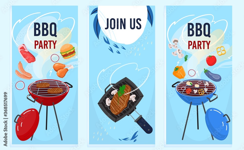 Bbq grill party flat vector illustration. Cartoon barbecue food, roasted grilled meat with smoke