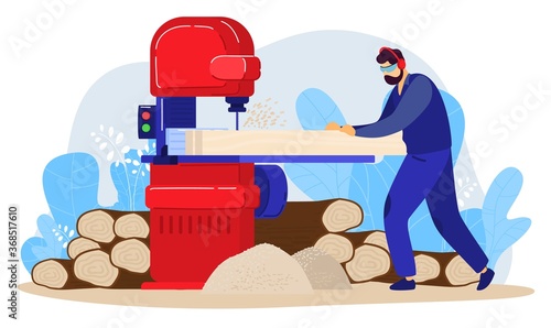 Carpentry worker flat vector illustration. Cartoon man carpenter working, cutting wooden planks with saw, sawing tree trunk using drilling machine in workshop. Woodwork equipment isolated on white