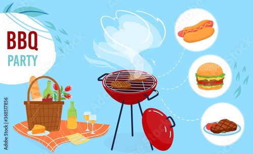 Bbq grill party flat vector illustration. Cartoon summer outdoor cookout picnic collection with barbecue equipment, grilled meat steak hamburger hot dog fastfood on fire, food basket, wine and cheese
