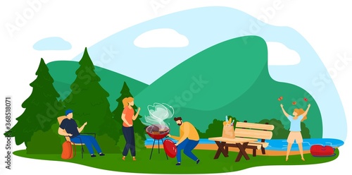 People on bbq grill party flat vector illustration. Cartoon family or friend characters cooking grilled barbecue meat steak on summer outdoor cookout bbq picnic in nature landscape isolated on white