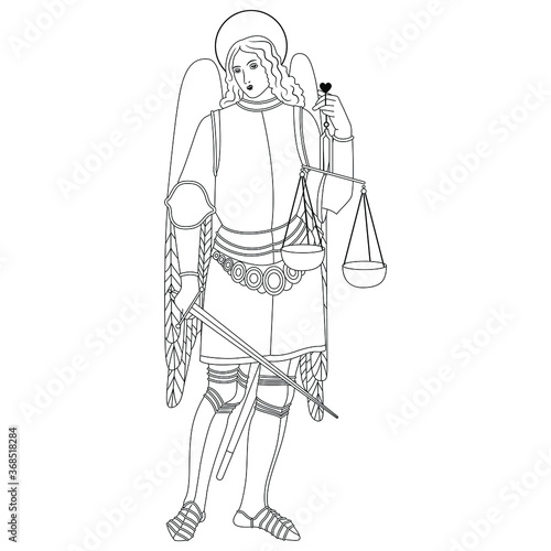 Standing medieval warrior angel or archangel in armor with sword and wages.