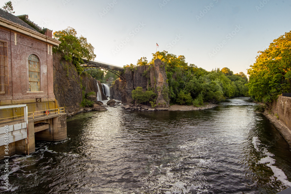 Paterson, NJ / USA - 7/29/20: Paterson Great Falls on the Passaic River in the city of Paterson in Passaic County
