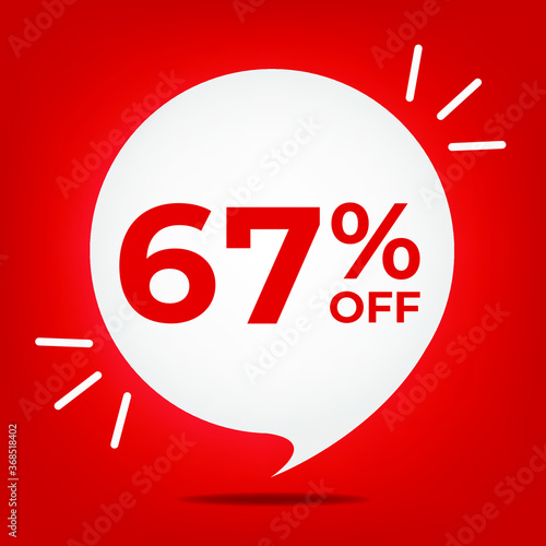 67% off. Banner with sixty-seven percent discount. White bubble on a red background vector.