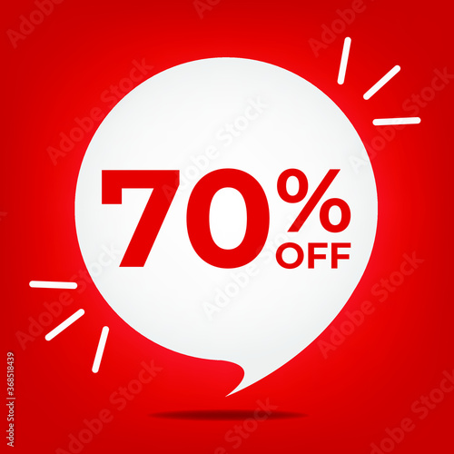 70% off. Banner with seventy percent discount. White bubble on a red background vector.