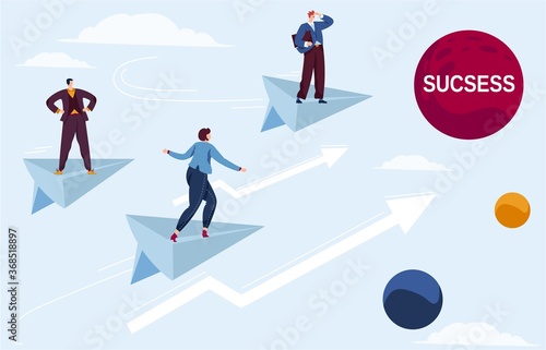 Business success flat vector illustration. Cartoon businessman character team flying on paper plane arrow to successful future achievement, achieving career growth, teamwork challenge strategy concept