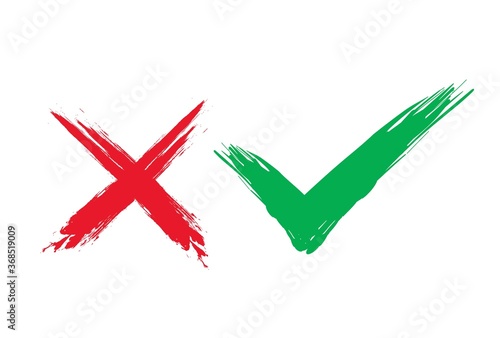 Tick and cross brush signs. Green checkmark OK and red X icons, isolated on white background.
