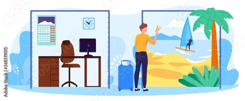Balance between business work and rest concept vector illustration. Cartoon businessman holding air plane tickets, dreaming about tropical island resting vacation, worklife balance isolated on white