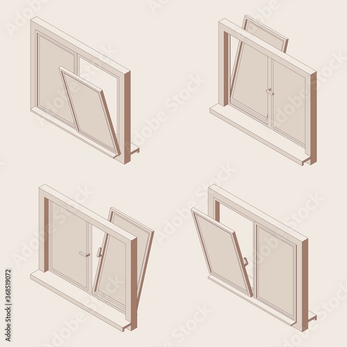 Isometric outline set of open windows, double-glazed windows. 3d illustration