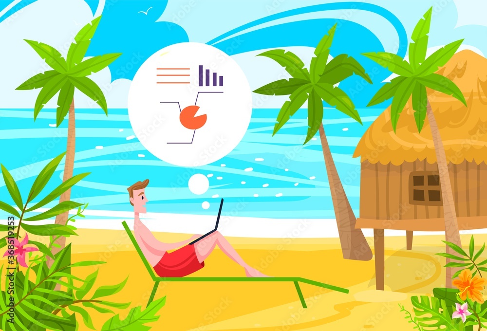 Business people work on beach flat vector illustration. Cartoon businessman freelancer character lying on beach lounger, sunbathing, working online with laptop, mobile freelance technology background