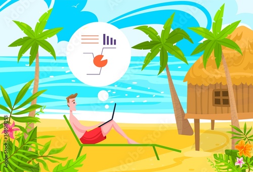 Business people work on beach flat vector illustration. Cartoon businessman freelancer character lying on beach lounger, sunbathing, working online with laptop, mobile freelance technology background