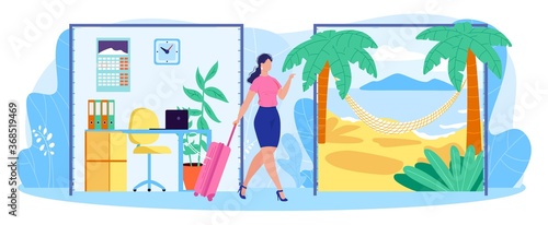 Work life businesswoman balance concept flat vector illustration. Cartoon woman character with suitcase leaving office workplace for trip to tropical island, worklife balance problem isolated on white