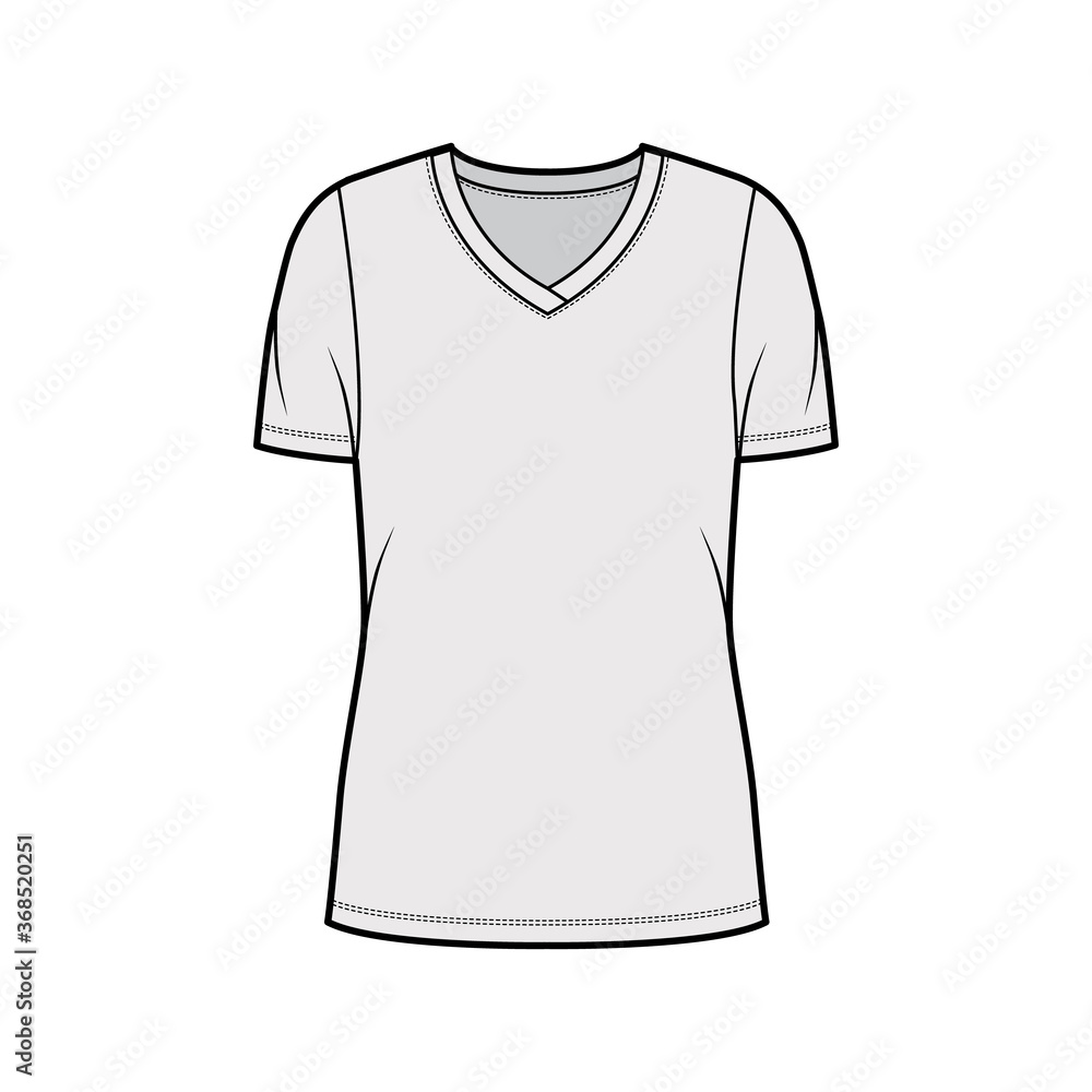 V-neck jersey t-shirt technical fashion illustration with short sleeves, oversized body tunic length. Flat sweater apparel template front grey color. Women men unisex outwear top CAD mockup V-neck jersey t-shirt technical fashion illustration with short sleeves, oversized body tunic length. Flat sweater apparel template front grey color. Women men unisex outwear top CAD mockup