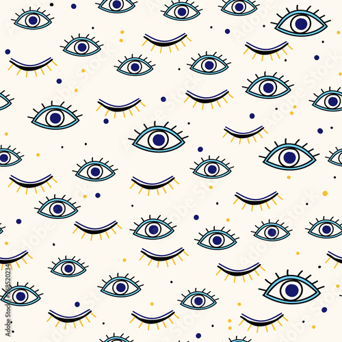 Various evil eyes hand drawn talismans seamless pattern for protection and good luck. Contemporary modern trendy background for digital paper, textile, texture, wrapping paper.