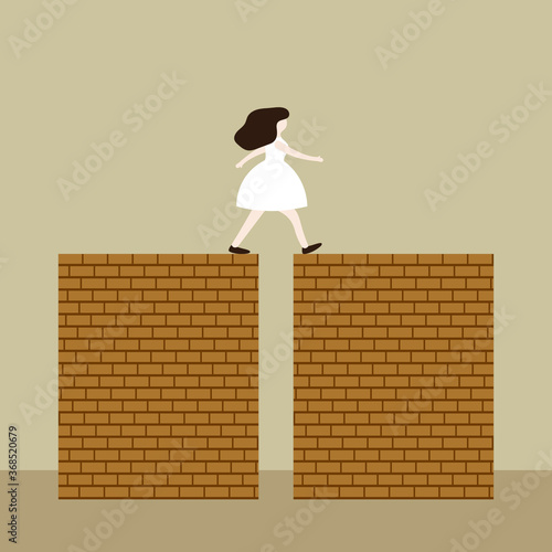 Young woman steps from one brick wall to another brick wall