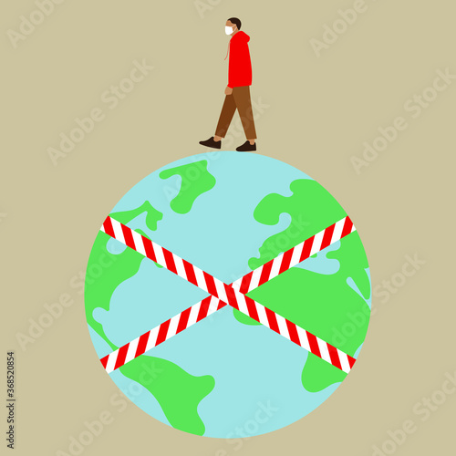 Male character in medical mask walks around the globe with a prohibition tape