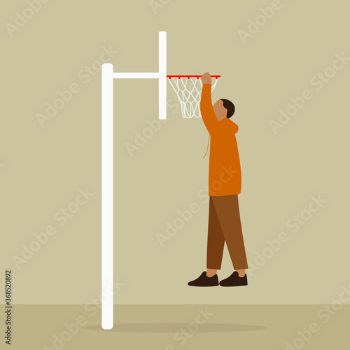 Male character hanging in the air holding on to a basketball hoop