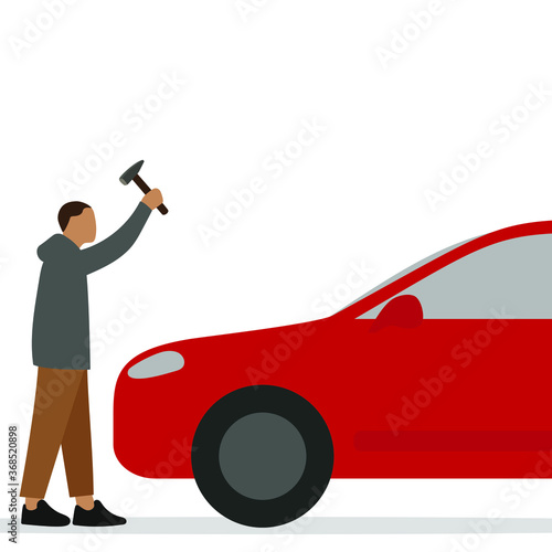 Male character is swinging a hammer at a car