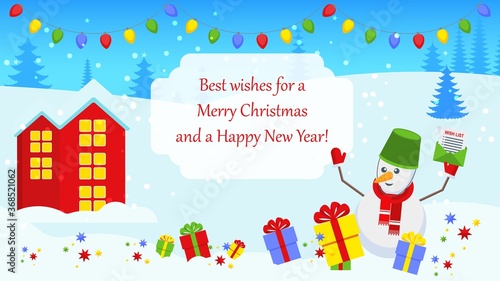 Bright Christmas card with characters for holiday decorations.