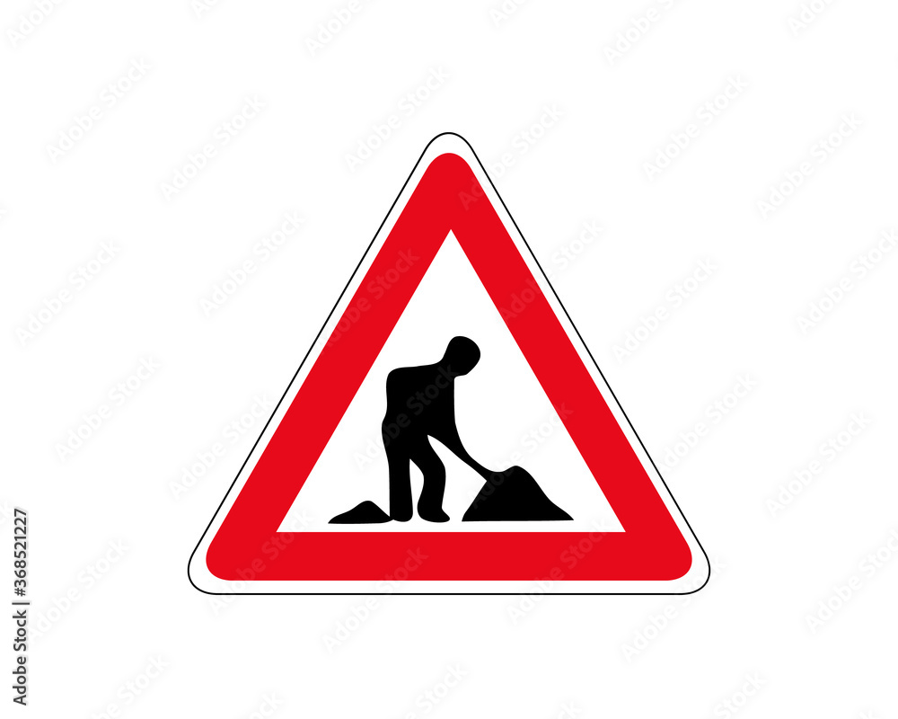 Road works sign, under construction. Red glossy road sign with working man isolated on white background. Road works sign, under construction. Red glossy road sign with working man isolated on white background.