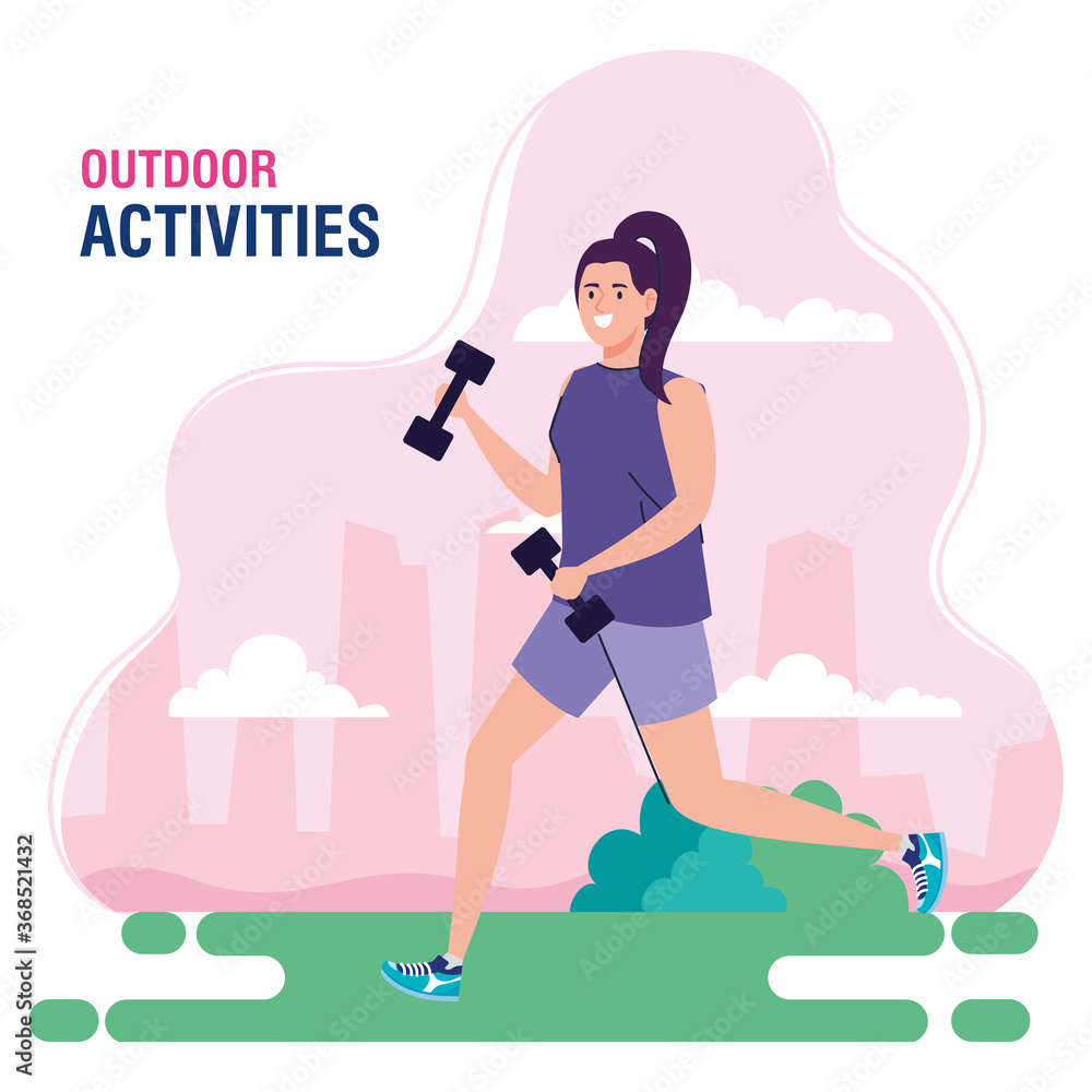 banner, woman performing leisure outdoor activities, woman in the park vector illustration design