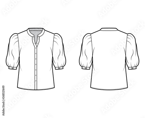 Stand collar shirt technical fashion illustration with elbow puff sleeve, front button-fastening, loose silhouette. Flat apparel blouse template front back white color. Women men unisex top CAD mockup