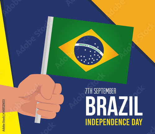 7 september, celebration brazil independence day, and hand with flag vector illustration design