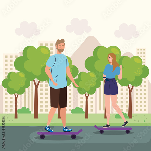 couple in skateboard, performing outdoor activities vector illustration design