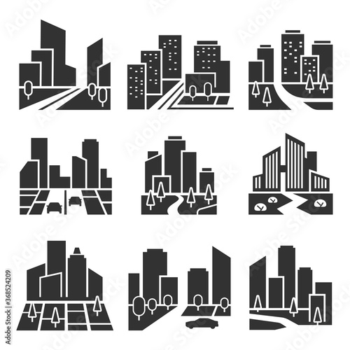 Residential area, housing estate silhouette icons set isolated on white. Cityscape, town.