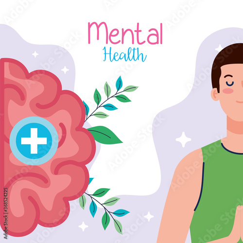 mental health concept, and man meditating with brain human vector illustration design