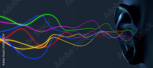 Obraz na plátně Human ear with incoming vibrations in different frequencies - 3d illustration