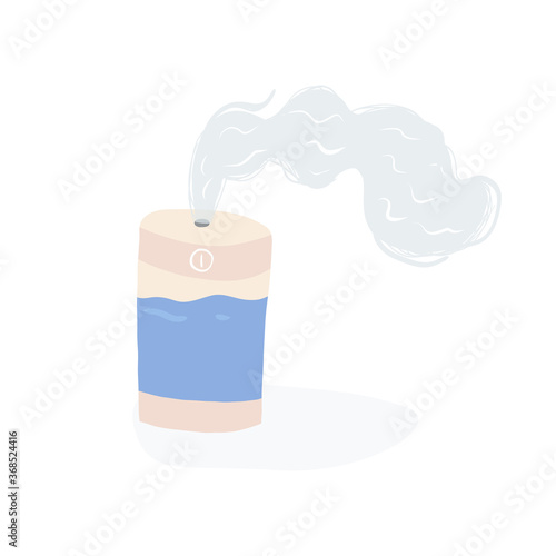 Turned on air supersonic humidifier with a blast of vapor. Home gadget vector illustration on isolated background.