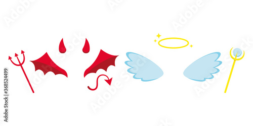Angel and devil or demon costume attributes icon set isolated on white background - horns, light angel red evil wings, tail, halo, staff, trident sign. Flat design cartoon suit vector illustration.