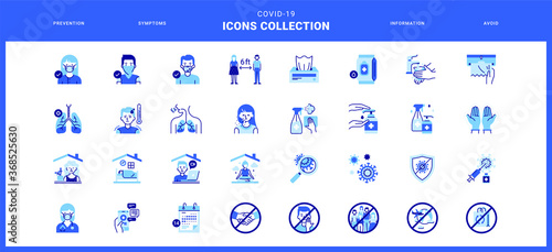 Coronavirus icons collection in blue color. Modern COVID-19 illustrations about prevention, symptoms, information and avoid