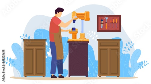 Work on milling machine vector illustration. Cartoon flat worker character metalworking, metalworker using steelworks equipment in workshop interior, mechanical metalwork tools isolated on white