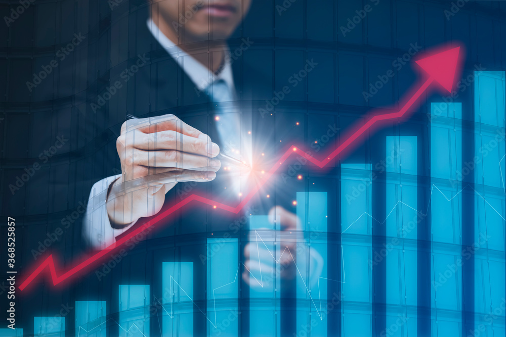 Businessman Touching in graph Screen Icon of a media screen, Technology Process System Business concept. Businessman Touching in graph Screen Icon of a media screen, Technology Process System Business concept.