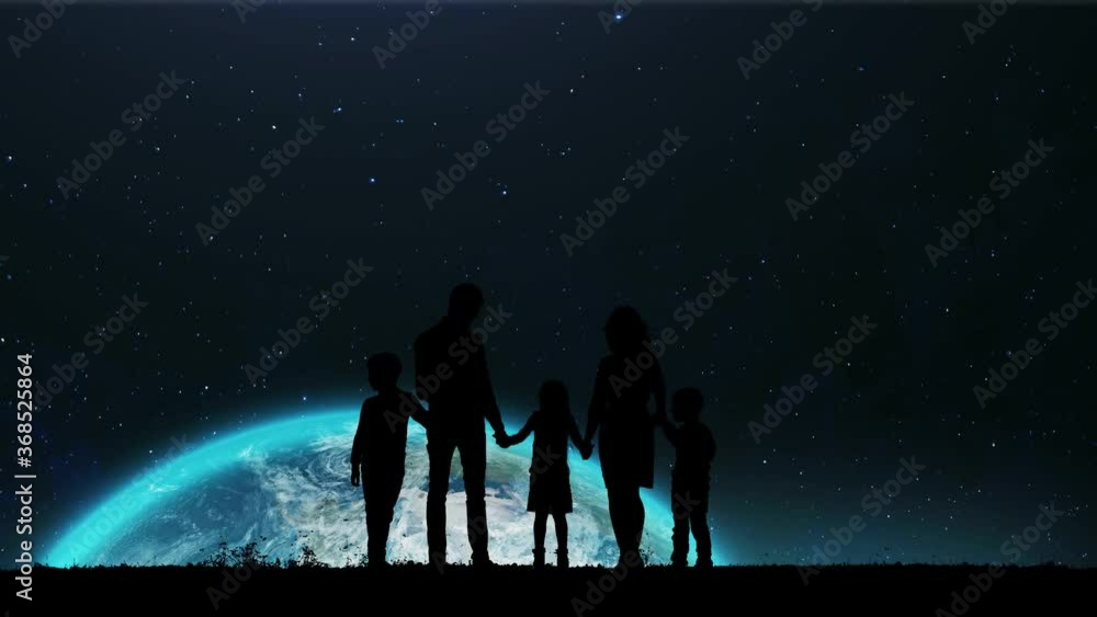 A Silhouette of a Lovely Family Standing on the Edge and Watching an Amazing Planet Earth on the Sky During Traveling by Solar System. Earth Rising Over the Horizon on Sky Up. A Silhouette of a Lovely Family Standing on the Edge and Watching an Amazing Planet Earth on the Sky During Traveling by Solar System. Earth Rising Over the Horizon on Sky Up.
