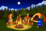 Night camping vector illustration. Cartoon flat happy couple campers people sitting at campfire together, singing song, playing guitar in forest mountain nature landscape, summer adventure background