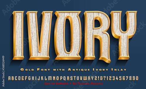 An Elegant Alphabet Constructed of Gold and Inlaid with Antique Ivory; Luxury Elegant Old World Font. Please Save The Elephants.