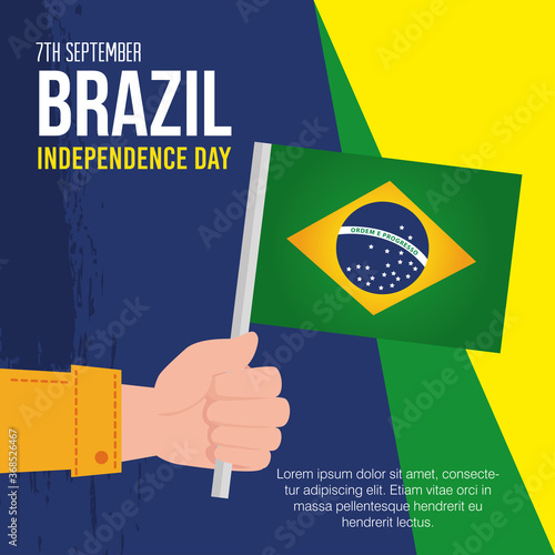 7 september, banner of celebration brazil independence day, and hand with flag vector illustration design