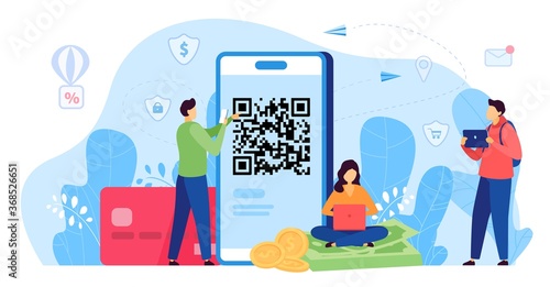 People paying with QR code vector illustration. Cartoon flat man woman characters using smartphone scanner id app for barcode scanning, payment online, money transaction technology isolated on white