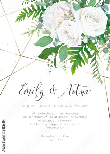 Wedding invite, invitation, save the date card design. Elegant, ivory white garden peony Rose flowers, dusty blue Eucalyptus branches, green fern leaves & metallic geometrical pattern. Vector template