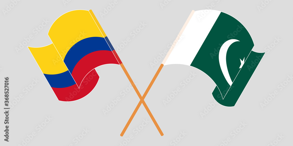Crossed and waving flags of Pakistan and Colombia Crossed and waving flags of Pakistan and Colombia