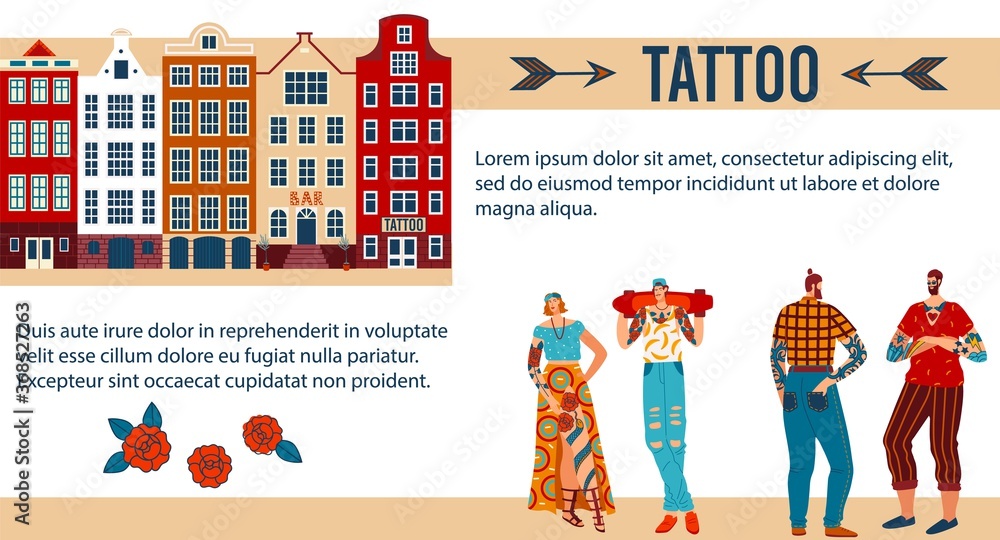 Tattoo people vector illustration. Cartoon flat adult tattooed man woman characters in jeans, hipster and skateboard standing on city street, Scandinavian cityscape with art tattoo salon bar banner
