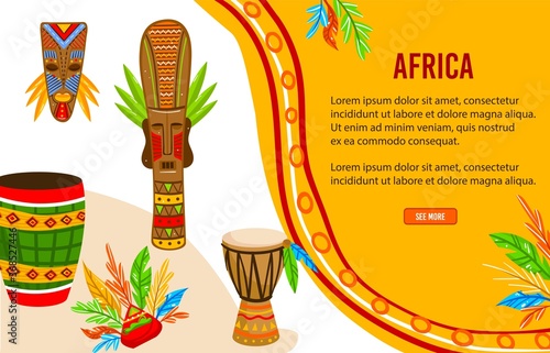 Ethnic tribe of Africa vector illustration. Cartoon flat tribal aboriginal art culture objects, ritual warrior mask for man head, African drum with traditional native afro ornament pattern banner