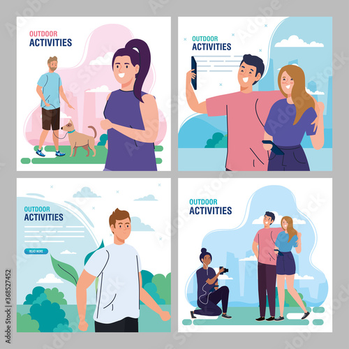 set of banners, young people performing leisure outdoor activities vector illustration design