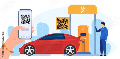 People paying with QR code vector illustration. Cartoon flat woman hand using smartphone, scanning barcode to make payment for refueling car in gas station, mobile pay tech service isolated on white