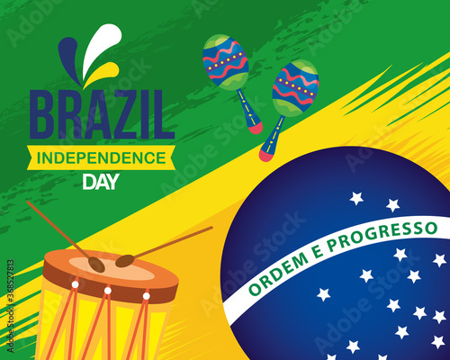 7 september, celebration brazil independence day with drum and maracas vector illustration design
