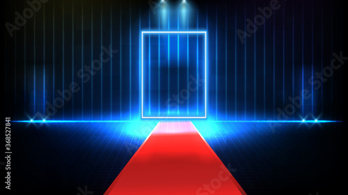 Fototapeta Naklejka Na Ścianę i Meble -  abstract futuristic background of red empty stage covered with red carpet and lighting spotlgiht stage background, key to success concept